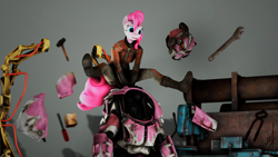 Size: 3840x2160 | Tagged: safe, artist:retro0range, imported from derpibooru, pinkie pie, anthro, earth pony, 3d, armor, fallout, power armor, solo, source filmmaker, tools, workbench, workshop