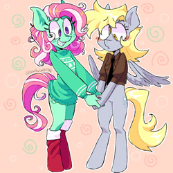 Size: 1280x1280 | Tagged: safe, artist:clockwiseleon, imported from derpibooru, derpy hooves, minty, anthro, unguligrade anthro, blushing, duo, female, lesbian, mintyderp, shipping