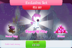 Size: 1264x854 | Tagged: safe, imported from derpibooru, sea poppy, hippogriff, airship, background character, background hippogriff, barrel, beak, bundle, costs real money, english, female, fledgeling, gameloft, gem, my little pony: magic princess, numbers, official, sale, solo, solo focus, text, wings, zeppelin