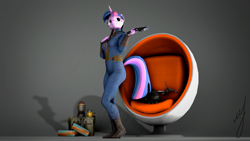 Size: 1920x1080 | Tagged: safe, artist:retro0range, imported from derpibooru, twilight sparkle, anthro, 3d, clothes, fallout, jumpsuit, solo, source filmmaker, vault suit, weapon