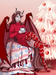 Size: 2343x3138 | Tagged: safe, artist:blackblood-queen, imported from derpibooru, oc, oc only, oc:scarlet quill, anthro, bat pony, unguligrade anthro, anthro oc, bat pony oc, blanket, chocolate, christmas, christmas ornament, christmas tree, clothes, commission, crossed legs, cup, decoration, digital art, fangs, female, food, freckles, hearth's warming, hearth's warming eve, holiday, hot chocolate, mare, slit pupils, smiling, socks, stockings, sweater, thigh highs, tree