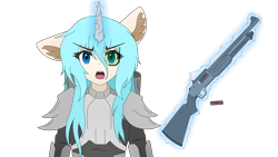 Size: 3840x2160 | Tagged: safe, artist:straighttothepointstudio, imported from derpibooru, oc, oc only, anthro, unicorn, anthro oc, armor, determined, digital art, female, g5, gun, looking at you, magic, shotgun, simple background, solo, telekinesis, transparent background, visor, weapon