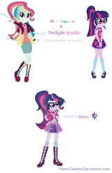 Size: 876x1354 | Tagged: safe, artist:prettycelestia, imported from twibooru, sci-twi, sonata dusk, sunset shimmer, twilight sparkle, oc, oc:raya hopeshine, equestria girls, belt, bowtie, clothes, fusion, gem, glasses, hairpin, high heels, image, jacket, jewelry, png, ring, shoes, siren gem