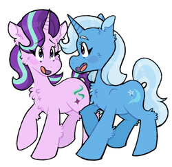 Size: 906x882 | Tagged: safe, artist:paamyu, imported from derpibooru, starlight glimmer, trixie, pony, unicorn, blushing, female, lesbian, looking at each other, looking at someone, mare, open mouth, open smile, shipping, simple background, smiling, smiling at each other, startrix, transparent background