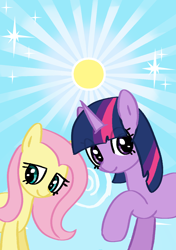 Size: 1000x1423 | Tagged: safe, artist:omelettepony, fluttershy, twilight sparkle, pegasus, pony, unicorn, eye clipping through hair, female, looking at you, mare, raised hoof, smiling, smiling at you, sparkles, standing, sun, unicorn twilight