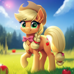 Size: 1024x1024 | Tagged: safe, imported from derpibooru, applejack, earth pony, pony, ai content, ai generated, apple, bow, braid, chest fluff, cute, eyebrows, eyebrows visible through hair, female, fluffy, food, generator:purplesmart.ai, generator:stable diffusion, grass, grass field, hat, jackabetes, lens flare, looking at you, mare, meadow, raised hoof, smiling, smiling at you, solo, standing