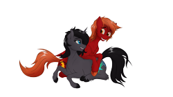 Size: 3840x2160 | Tagged: safe, artist:crimsonwolf360, imported from derpibooru, oc, oc only, oc:crimson sky, oc:midnight shadow, pegasus, unicorn, derpibooru community collaboration, 2023 community collab, cuddling, female, male, simple background, smiling, transparent background