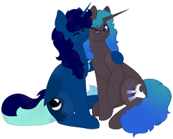 Size: 3300x2652 | Tagged: safe, artist:calibykitty, imported from derpibooru, oc, oc only, oc:midnight specter, oc:nightlight canvas, alicorn, pony, unicorn, derpibooru community collaboration, 2023 community collab, cheek squish, cheek to cheek, eyelashes, eyes closed, female, folded wings, freckles, glasses, hug, hugging a pony, long hair, long mane, long tail, multicolored hair, multicolored mane, multicolored tail, raised hoof, siblings, simple background, sisters, sitting, squishy cheeks, tail, transparent background, wings