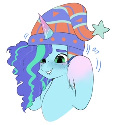 Size: 1089x1158 | Tagged: safe, artist:aztrial, imported from derpibooru, pony, unicorn, blushing, curly mane, cute, female, freckles, g5, grin, happy, hat, mare, markings, misty brightdawn, mistybetes, simple background, smiling, solo, unshorn fetlocks, white background, winter, winter hat