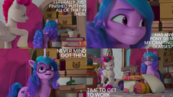 Size: 4400x2475 | Tagged: safe, edit, edited screencap, editor:quoterific, imported from derpibooru, screencap, izzy moonbow, zipp storm, pegasus, pony, unicorn, spoiler:my little pony: make your mark chapter 2, spoiler:myms01e01, 3d, book, g5, glasses, izzy does it, my little pony: make your mark, my little pony: make your mark chapter 2
