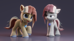 Size: 1920x1080 | Tagged: safe, artist:therealdjthed, artist:yotesmark, imported from derpibooru, oc, oc only, oc:ponatina, earth pony, pony, 3d, 4k, battle gem ponies, blender, blender eevee, commission, cool, duo, duo female, eeveelution, female, g5, high res, model:djthed, pokémon, ponymon, realistic, rtx, sassy, siblings, sisters, video game