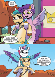 Size: 526x725 | Tagged: safe, idw, imported from derpibooru, hitch trailblazer, pipp petals, zipp storm, earth pony, pegasus, pony, spoiler:comic, spoiler:g5comic, spoiler:g5comic07, carrying, female, g5, holding a pony, male, mare, official comic, shipping fuel, stallion, surprised, tree