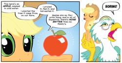 Size: 1334x688 | Tagged: safe, artist:carla speed mcneil, idw, imported from derpibooru, applejack, vermouth roux, earth pony, griffon, pony, friends forever, spoiler:comic, spoiler:comicff01, apple, dialogue, duo, female, food, g4, mare, speech bubble, that pony sure does love apples