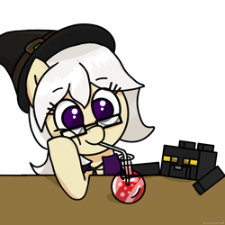Size: 2048x2048 | Tagged: safe, artist:super-dead, imported from derpibooru, cat, earth pony, pony, clothes, female, glasses, hat, minecraft, ponified, potion, simple background, solo, straw, white background, witch, witch hat