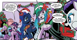 Size: 1334x694 | Tagged: safe, artist:andypriceart, idw, imported from derpibooru, philomena, princess celestia, princess luna, rarity, spike, tiberius, twilight sparkle, alicorn, dragon, opossum, phoenix, pony, unicorn, spoiler:comic, spoiler:comicholiday2019, baby, baby dragon, christmas, clothes, dialogue, dress, duo focus, female, festive, g4, hat, holiday, male, mare, present, royal sisters, santa hat, siblings, sisters, speech bubble, twilight sparkle (alicorn), winged spike, wings