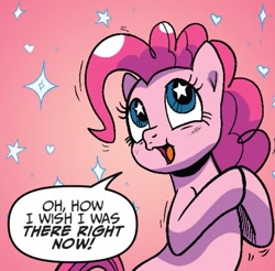 Size: 761x750 | Tagged: safe, artist:pencils, idw, imported from derpibooru, pinkie pie, earth pony, pony, spoiler:comic, spoiler:comic69, cute, dialogue, diapinkes, emanata, female, g4, mare, solo, speech bubble, starry eyes, wingding eyes
