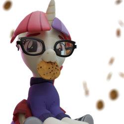 Size: 2160x2160 | Tagged: safe, artist:the luna fan, derpibooru exclusive, imported from derpibooru, moondancer, 3d, choker, clothes, cookie, food, glasses, looking at you, mouth hold, simple background, sitting, skirt, socks, striped socks, sweater, transparent background