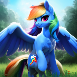 Size: 1024x1024 | Tagged: safe, imported from derpibooru, rainbow dash, pegasus, pony, ai content, ai generated, anatomically incorrect, beautiful, chest fluff, cute, dashabetes, ear fluff, extra legs, female, fluffy, generator:purplesmart.ai, generator:stable diffusion, grass, grass field, looking at you, sitting, smiling, solo, spread wings, tree, wings