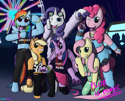 Size: 2360x1900 | Tagged: safe, artist:passionpanther, imported from derpibooru, applejack, fluttershy, pinkie pie, rainbow dash, rarity, twilight sparkle, alicorn, anthro, earth pony, pegasus, unicorn, series:plur is magic, clothes, glowstick, group photo, group picture, leotard, mane six, music festival, party, rave