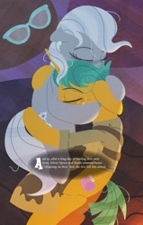 Size: 2602x4096 | Tagged: safe, artist:bearmation, imported from derpibooru, silver spoon, snails, earth pony, pony, unicorn, cuddling, eyes closed, female, glasses off, male, mare, older, older silver spoon, older snails, overhead view, shipping, snailspoon, stallion, straight, text