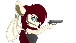 Size: 3840x2160 | Tagged: safe, artist:straighttothepointstudio, imported from derpibooru, oc, oc only, anthro, bat pony, aiming, anthro oc, bat pony oc, beretta, clothes, determined, digital art, female, focus, g5, glasses, gun, handgun, headset, m9, pistol, simple background, solo, tanktop, transparent background, weapon