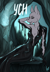 Size: 1640x2360 | Tagged: safe, artist:stirren, imported from derpibooru, anthro, goo, advertisement, bondage, cavern, clothes, commission, dress, encasement, female, living clothes, living latex, looking at you, pinup, pose, sitting, solo, your character here