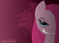 Size: 2489x1817 | Tagged: safe, artist:zeffdakilla, imported from derpibooru, pinkie pie, earth pony, pony, abstract background, creepy, creepy smile, evil, evil grin, gradient background, grin, looking at you, pinkamena diane pie, smiling, smiling at you, solo, vector