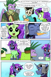 Size: 1280x1949 | Tagged: safe, artist:candyclumsy, imported from derpibooru, spike, oc, oc:dahlia pentacle, oc:dia pentacle, oc:duke pentacle, dragon, earth pony, pony, unicorn, comic:revolution of harmony, amputee, artificial wings, augmented, clothes, comic, dress, duke, earth pony oc, father and child, father and daughter, female, horn, male, mare, older, older spike, parent and child, prosthetic limb, prosthetic wing, prosthetics, stallion