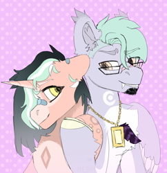Size: 2980x3075 | Tagged: safe, artist:medkit, imported from derpibooru, oc, oc only, oc:hako, oc:mira warm magic, pegasus, pony, unicorn, bandaid, bandaid on nose, beard, big eyes, chest fluff, couple, dots, duo, ear fluff, eyes open, facial hair, fangs, feather, female, fluffy, glasses, hair over one eye, high res, hoof on hoof, horn, jewelry, looking at each other, looking at someone, male, mare, multicolored hair, paint tool sai 2, pair, pattern, pendant, raised hoof, rough sketch, scar, short mane, sitting, sketch, smiling, stallion, tassels, teeth, wings