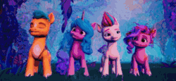 Size: 480x221 | Tagged: safe, imported from derpibooru, screencap, hitch trailblazer, izzy moonbow, pipp petals, sunny starscout, zipp storm, earth pony, pegasus, pony, unicorn, spoiler:g5, animated, apology, butt, face down ass up, female, g5, game screencap, gameloft, male, mare, my little pony: mane merge, plot, sorry, stallion, text, what were they thinking, you know for kids