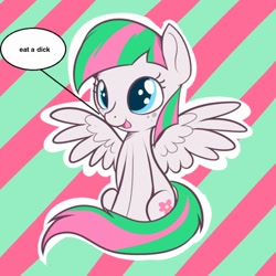 Size: 1080x1082 | Tagged: safe, artist:thecraftpony, edit, imported from derpibooru, blossomforth, pegasus, pony, adoraforth, cute, eat a dick, female, outline, solo, striped background, vulgar, white outline