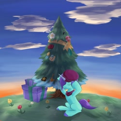 Size: 4096x4096 | Tagged: safe, artist:felldeal, imported from derpibooru, pony, unicorn, series:daily drawing december, christmas, christmas tree, eyes closed, female, g5, hat, holiday, mare, onyx, present, solo, tree