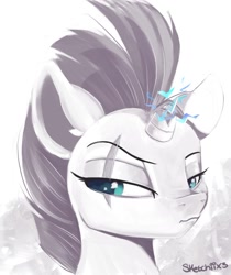 Size: 1109x1321 | Tagged: safe, artist:sketchiix3, imported from derpibooru, tempest shadow, pony, unicorn, broken horn, bust, eye scar, facial scar, female, horn, mare, monochrome, partial color, scar, signature, solo, sparks