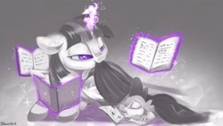 Size: 1920x1080 | Tagged: safe, artist:sketchiix3, imported from derpibooru, spike, twilight sparkle, alicorn, dragon, pony, blanket, book, comic book, cute, duo, female, levitation, lying down, magic, male, mama twilight, mare, monochrome, mouth hold, neo noir, partial color, prone, sleeping, spikabetes, spikelove, telekinesis, tucking in, twiabetes, twilight sparkle (alicorn)