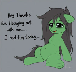 Size: 543x516 | Tagged: safe, artist:inkypuso, imported from derpibooru, oc, oc only, oc:anon-mare, earth pony, pony, belly, belly button, chubby, dialogue, female, floppy ears, frog (hoof), gray background, mare, open mouth, signature, simple background, sitting, solo, talking to viewer, underhoof