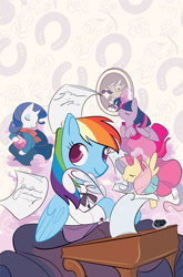 Size: 1024x1554 | Tagged: safe, idw, imported from derpibooru, accord, fluttershy, rainbow dash, rarity, twilight sparkle, alicorn, pony, clothes, cover art, dress, facial hair, little women, moustache, my little pony classics reimagined: little fillies, quill pen, suit, twilight sparkle (alicorn)