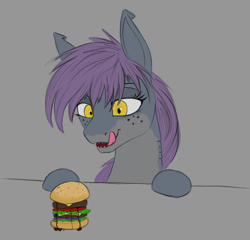Size: 1250x1200 | Tagged: safe, artist:stray prey, imported from derpibooru, oc, oc only, oc:spring tide, original species, shark, shark pony, burger, female, food, meat, ponies eating meat, sharp teeth, solo, teeth