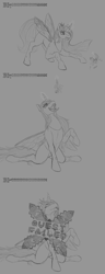 Size: 3000x7800 | Tagged: safe, artist:stray prey, imported from derpibooru, queen chrysalis, oc, oc:lucent, changeling, changeling queen, pony, unicorn, bad end, comic, game over, magic, monochrome, tail, tail sticking out, telekinesis, tongue out, uvula, vore