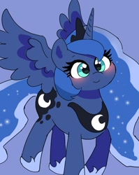 Size: 1395x1752 | Tagged: safe, artist:leo19969525, imported from derpibooru, princess luna, alicorn, pony, blushing, crown, cute, cyan eyes, ears, ears up, female, hair, horn, jewelry, looking at you, lunabetes, mane, mare, regalia, simple background, smiling, solo, spread wings, tail, wings