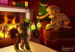 Size: 2500x1748 | Tagged: safe, artist:moonscream decepticon, imported from derpibooru, spitfire, oc, oc:morozov, pegasus, unicorn, christmas, christmas tree, coffee, fire, fireplace, glasses, holiday, new year, present, tree