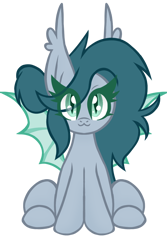 Size: 800x1200 | Tagged: safe, artist:chubbehbunneh16, imported from derpibooru, oc, oc only, oc:midnight melody, bat pony, pony, derpibooru community collaboration, 2023 community collab, :3, bat pony oc, eye clipping through hair, simple background, sitting, solo, spread wings, transparent background, wings