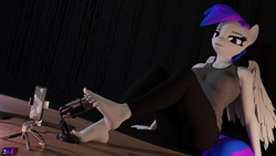 Size: 3840x2160 | Tagged: safe, artist:shadowboltsfm, imported from derpibooru, oc, oc:inkwell stylus, anthro, plantigrade anthro, 3d, 4k, asmr, barefoot, blender, breasts, feet, female, fetish, foot fetish, high res, microphone, not sfm, phone, sitting, solo, wings