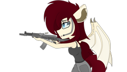 Size: 3840x2160 | Tagged: safe, artist:straighttothepointstudio, imported from derpibooru, oc, oc only, anthro, bat pony, aiming, ak-105, ak-47, anthro oc, assault rifle, bat pony oc, clothes, digital art, ear fluff, female, g5, glasses, gun, happy, headset, rifle, simple background, solo, tanktop, transparent background, weapon