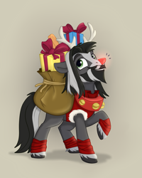 Size: 1629x2040 | Tagged: safe, artist:rutkotka, imported from derpibooru, earth pony, pony, antlers, clothes, holiday, jacket, male, present, smiling, stallion