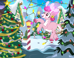 Size: 1161x900 | Tagged: safe, artist:pixelkitties, imported from derpibooru, part of a set, bori the reindeer, deer, reindeer, antlers, candy, candy cane, christmas, christmas lights, christmas tree, cloven hooves, ear piercing, earring, food, holiday, i can't believe it's not hasbro studios, jewelry, lamppost, piercing, snow, solo, tree, unshorn fetlocks