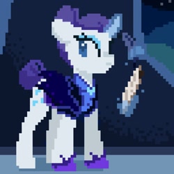 Size: 1200x1200 | Tagged: safe, artist:melodylibris, imported from derpibooru, rarity, pony, unicorn, alternate hairstyle, alternate timeline, female, hair bun, levitation, magic, mare, night maid rarity, nightmare takeover timeline, paper, pixel art, quill, solo, tail, tail bun, telekinesis