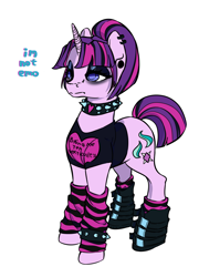 Size: 1940x2568 | Tagged: safe, artist:bluvsred, imported from derpibooru, starlight glimmer, pony, unicorn, choker, clothes, ear piercing, edgelight glimmer, emo, horn, leg warmers, makeup, piercing, shirt, simple background, socks, striped socks, white background, wristband