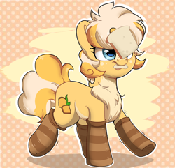 Size: 1958x1891 | Tagged: safe, artist:joaothejohn, imported from derpibooru, oc, oc only, oc:lemon bread, earth pony, pony, balancing, bread, chest fluff, clothes, commission, cute, earth pony oc, food, looking up, nom, ponies balancing stuff on their nose, socks, solo, striped socks