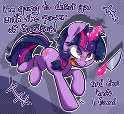 Size: 1776x1636 | Tagged: safe, artist:lou, imported from derpibooru, twilight sparkle, pony, unicorn, friendship is magic, and this gun i found, blushing, dialogue, female, galloping, glowing, glowing horn, horn, knife, magic, magic aura, mare, motion lines, open mouth, running, telekinesis, unicorn twilight