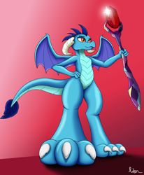 Size: 2580x3136 | Tagged: safe, artist:neondragon, imported from derpibooru, princess ember, dragon, bloodstone scepter, claws, dragon lord ember, dragoness, female, low angle, scepter, simple background, solo, spread wings, wings